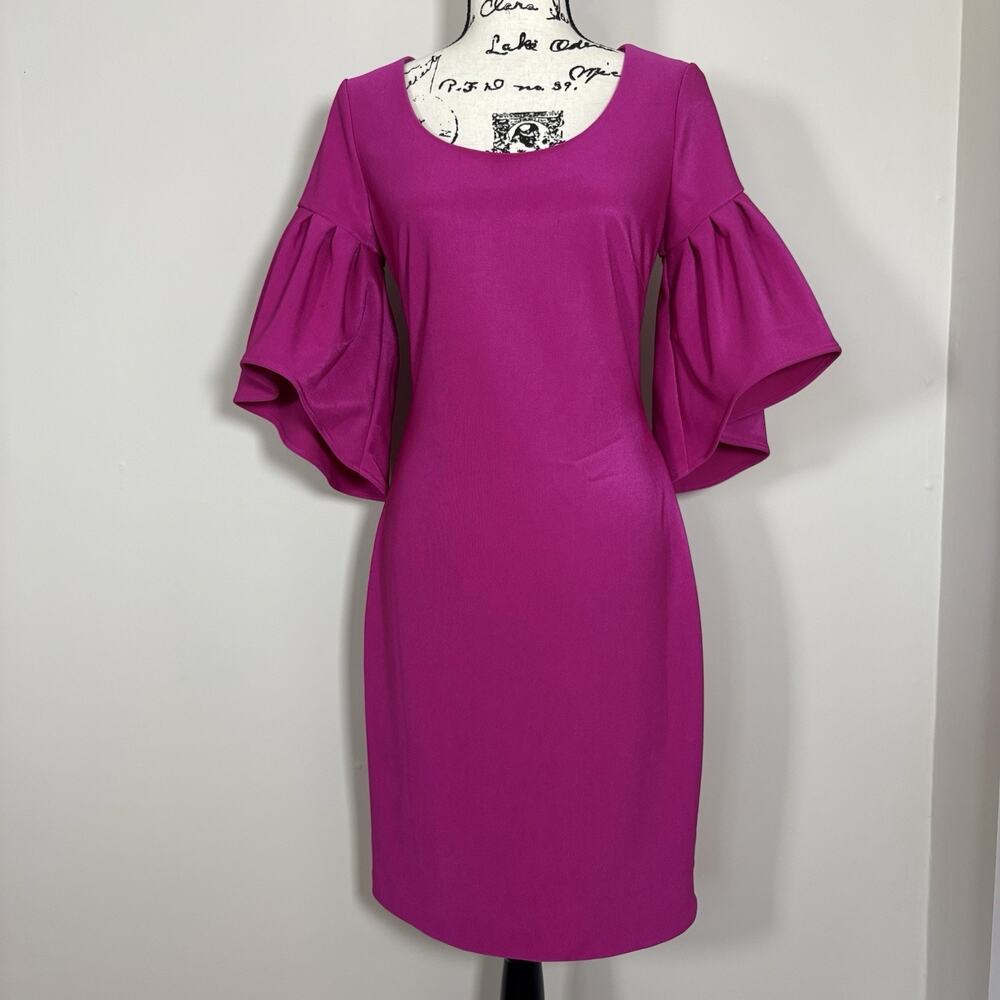Belle Badgley Mischka Ashley Dress Fuchsia Pink Bell Sleeve 6 Wedding Guest